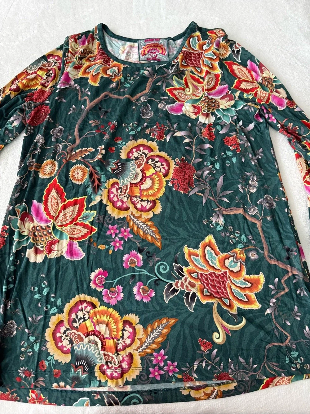 Johnny Was Orizaba Puff Sleeve Floral Soft Scoop Neck Green Blouse Top M E03